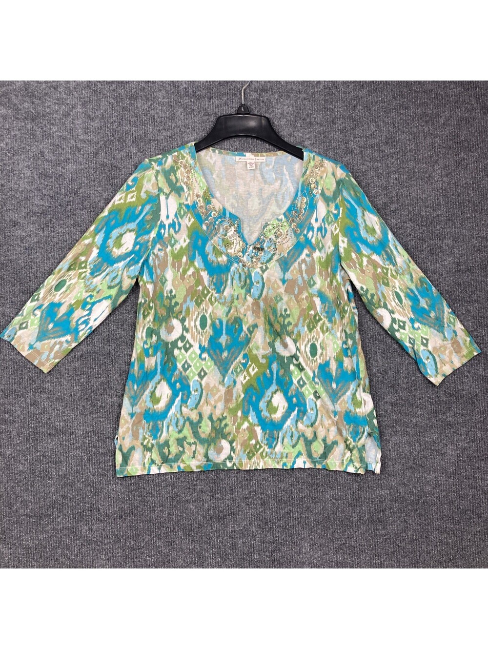JM Collection Womens PXL Green Teal Pattern 3/4 Sleeve Sequin Collar Shirt Top